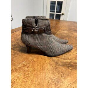 Vtg 90s Y2k Women’s 7.5 Brown Plaid Pointed Toe Kitten Heels Ankle Boots Bow